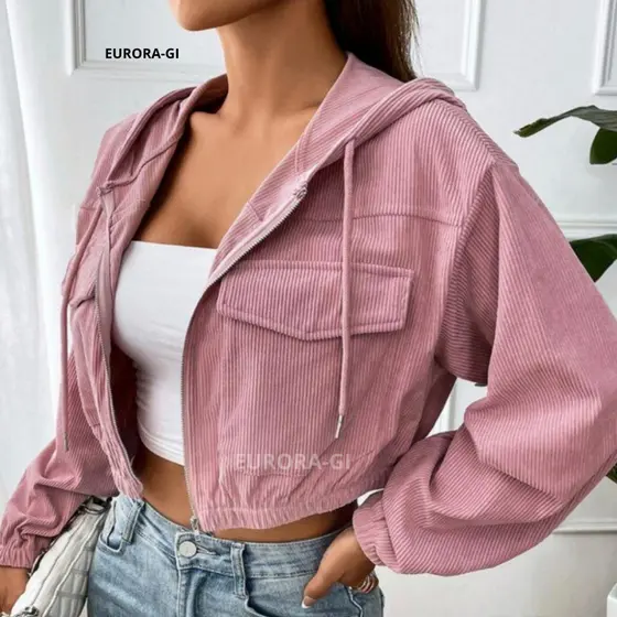 Jaqueta Feminina De Ombro Caído Com Capuz No Tecido Veludo Cotelê Premium, Para o Inverno Em Promoção