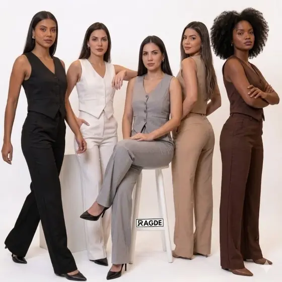 Conjunto Feminino Alfaiataria Com Colete e Calça Bolsos Laterais Tecido Premium