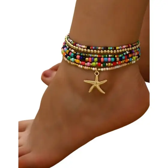 Tornozeleira Boho Chic Joia de Praia Pingentes Coloridos