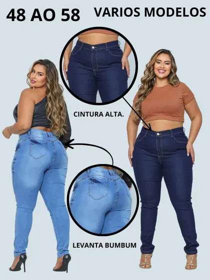 Calça Jeans Feminino Plus Size Cintura Alta Com Lycra Strech Elastano Premium- Curve 56 58