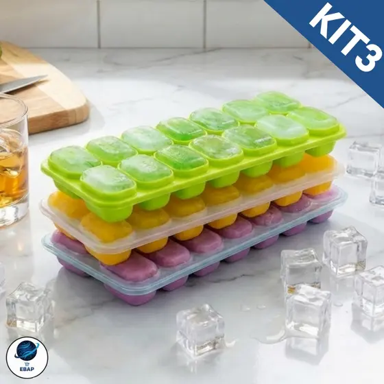 Kit 3 Formas de Gelo Silicone Fundo Flexível com Tampa