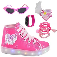 Tênis Feminino Infantil Led Unicórnio Preto Rosa + Paleta Pulseira Óculos Relógio