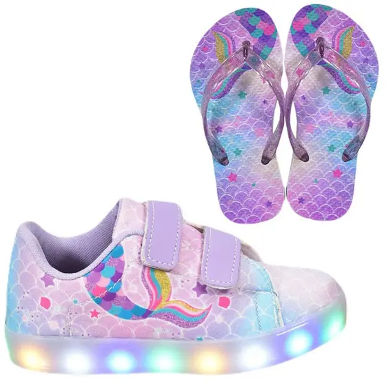 Tênis Infantil Led Feminino Casual Cano Baixo Sereia Menina + Chinelo