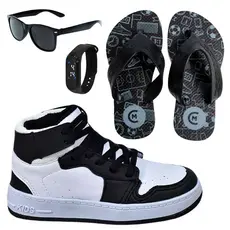 Tênis Infantil Masculino Botinha Cano Alto Meninos Escolar Passeio + Óculos Relógio Chinelo