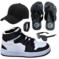 Tênis Infantil Masculino Botinha Cano Alto Meninos Escolar Passeio + Óculos Relógio Boné Chinelo