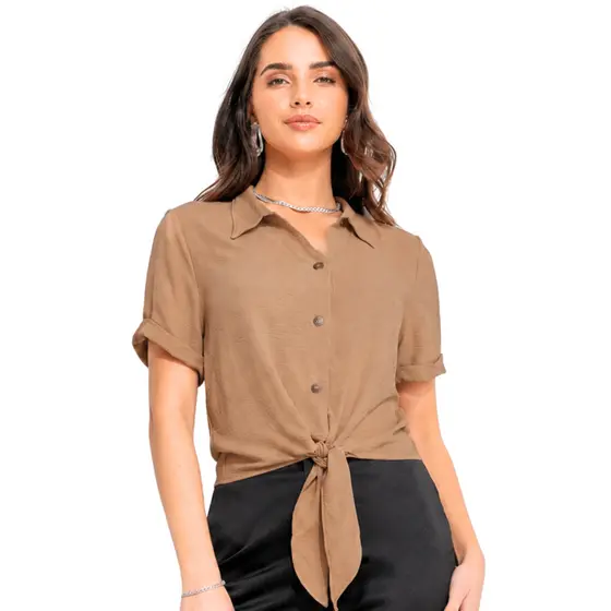Blusa Feminina Manga Curta Social Tecido Duna com Amarração Camisa Casual Não Amassa