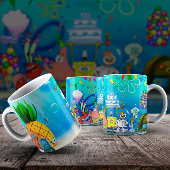 Caneca de Porcelana Personalizada 325ml  Bob Esponja Festa no mar