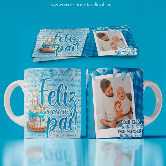 Caneca de Porcelana Personalizada 325ml  Feliz Aniversário  Pai + Foto