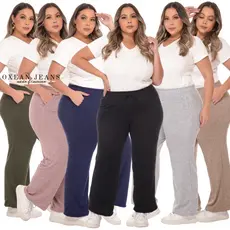Kit 2 Calça Pantalona Plus Size Feminina Lanzinha Com Bolso Cintura Alta