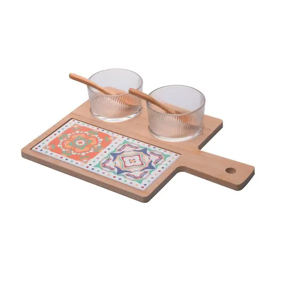 2 Petisqueiras Wolff de Vidro com Colher e Bandeja de Bambu