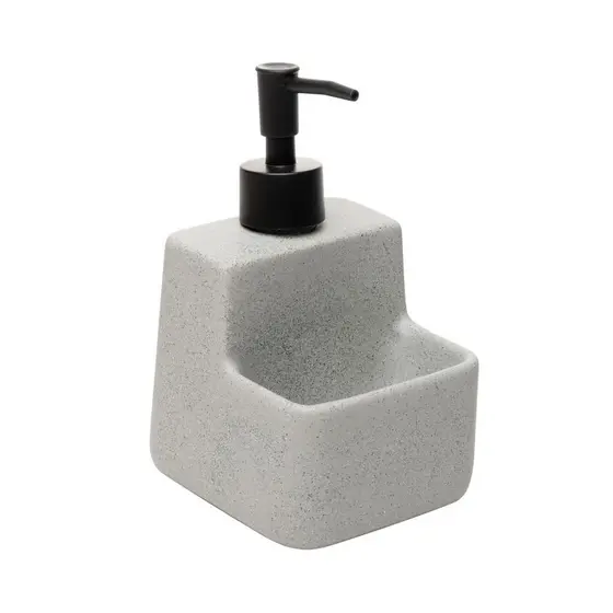 Porta Detergente Líquido Granilite 360ml Cerâmica Lyor com Suporte para Esponja Cinza Organizador de Pia Cozinha Prático