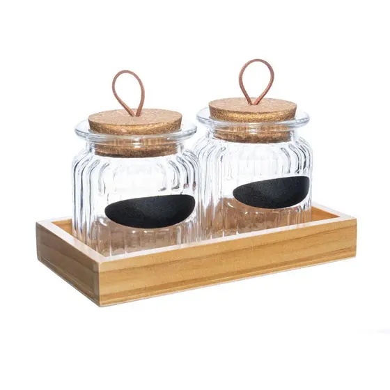 Conjunto 2 Potes de Vidro 260ml Tampa Cortiça Suporte Madeira Lyor para Mantimentos Temperos Organização Cozinha Prática