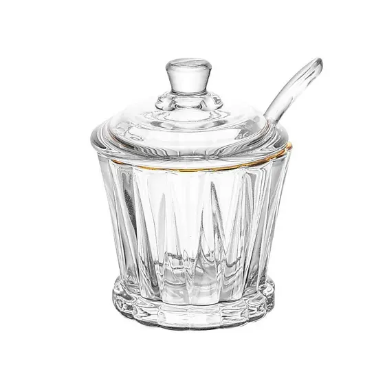 Açucareiro de Cristal 210ml com Colher e Tampa Fio de Ouro Lyor Radial para Mesa Posta e Café