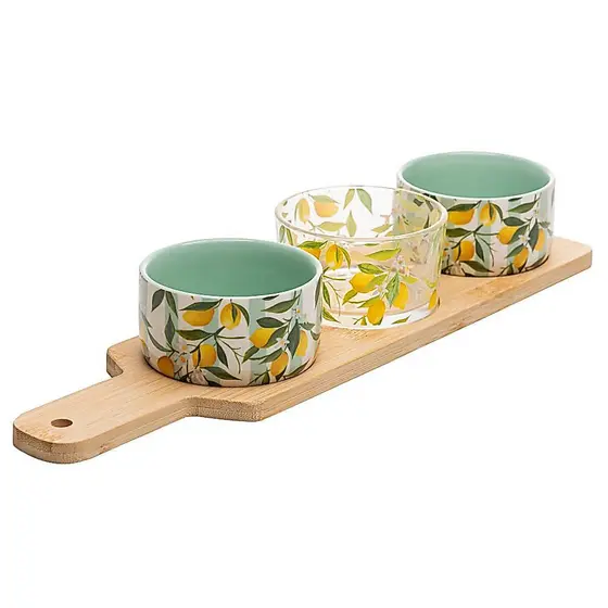 Conjunto 4 Peças para Servir Siciliano Bambu Lyor com 3 Petisqueiras e Bandeja para Molhos Petiscos Mesas Posta Charmosa