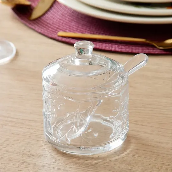 Açucareiro Petit com Colher New Butterfly Lyor em Cristal Ideal para Açúcar e Adoçante com Relevo de Borboletas Fino