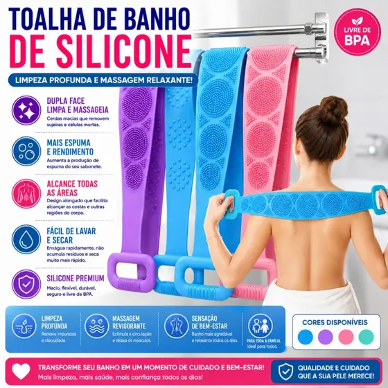 Escova Silicone Corporal Para Banho Limpeza Profunda Costas Massageadora e Esfoliante