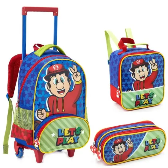 KIT MOCHILA DE RODINHA SUPER MARIO BROS 3 PÇS DENLEX