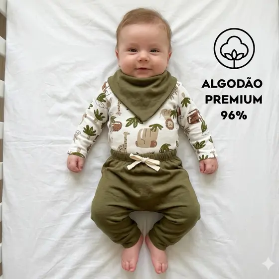 Conjunto bebê body menino kit 3 peças em algodão premium/ verão/ meia estação