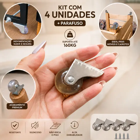 Kit 4 Rodinha 38mm de Silicone Rodízio Fixo para Sofá Cama e Móveis Roda em Gel + Kit 8 parafusos