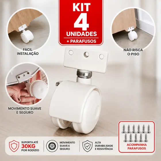 Rodinhas Para Berço Kit 4 Rodízios Chapa em U 15mm Com Trava Para Escrivaninha Móveis + Parafusos