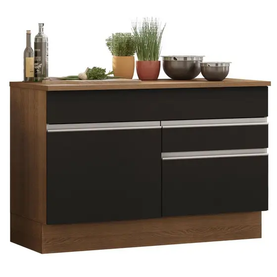 Balcão de Pia Armário de Cozinha 120 cm 1 Porta e 2 Gavetas (Com Tampo) Rustic/Preto Glamy Madesa
