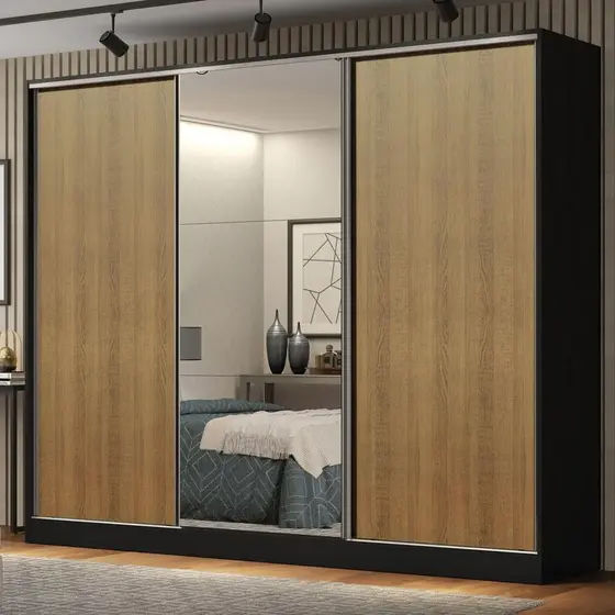 Guarda Roupa Casal 100% MDF 3 Portas de Correr com Espelho Preto/Rustic Madesa Royale