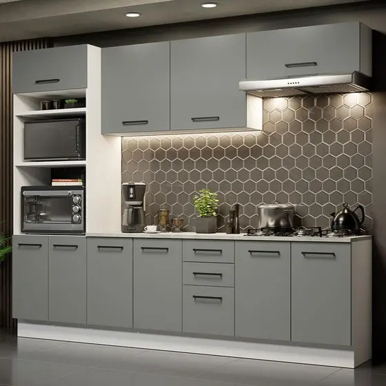 Cozinha Completa Madesa Agata 270002 com Armário e Balcão (Com Tampo) - Branco/Cinza