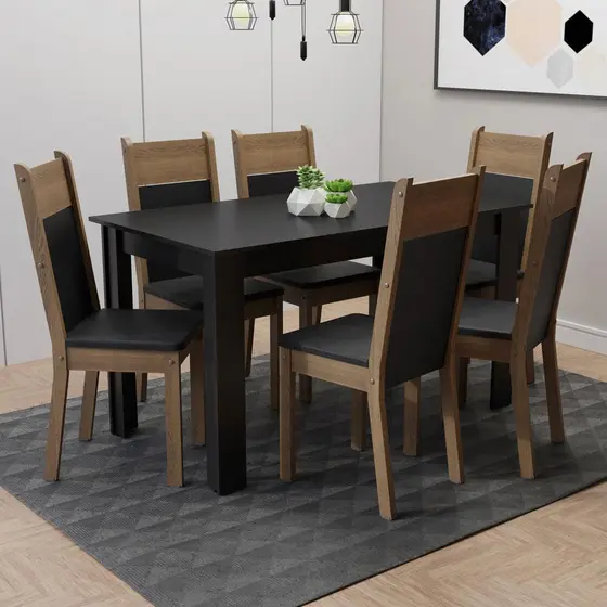 Conjunto Sala Jantar Medelin Madesa Mesa Tampo Madeira com 6 Cadeiras Rustic/Preto/Sintético Preto