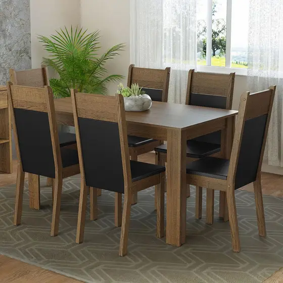 Conjunto Sala de Jantar Bahamas Madesa Mesa Tampo de Madeira 6 Cadeiras - Rustic/Preto