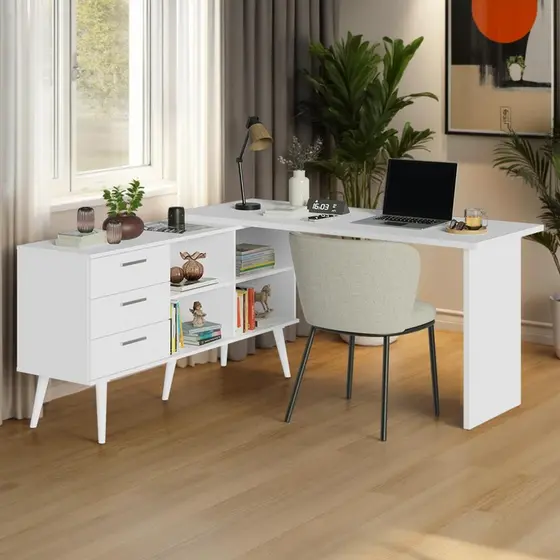 Mesa de Estudos em L 3 Gavetas Branco Lisboa Madesa