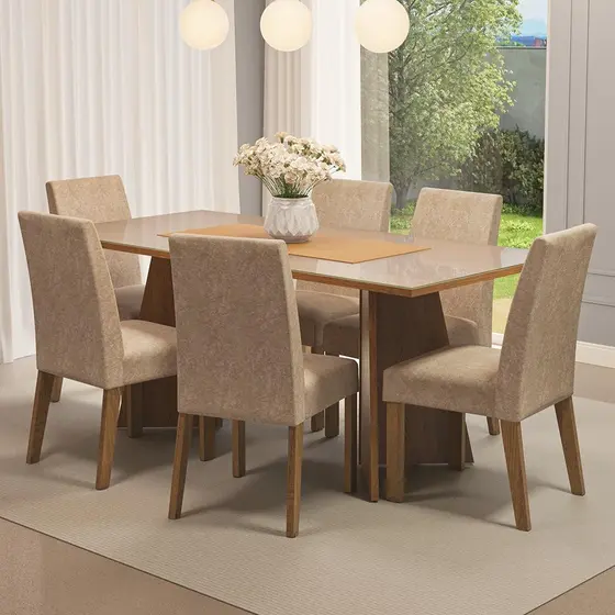Conjunto Sala de Jantar Mesa Tampo de Vidro 6 Cadeiras Valerie Madesa