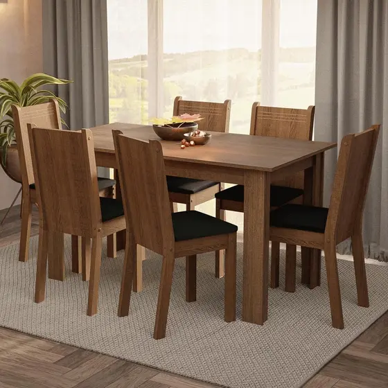 Conjunto Sala de Jantar Mesa Tampo de Madeira 6 Cadeiras Rustic/Preto Analu Madesa