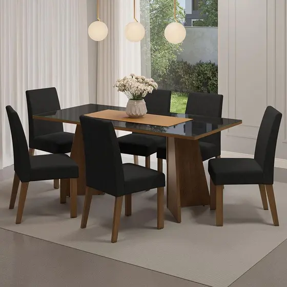 Conjunto Sala de Jantar Mesa Tampo de Vidro 6 Cadeiras Rustic/Preto/Oxford Valerie Madesa