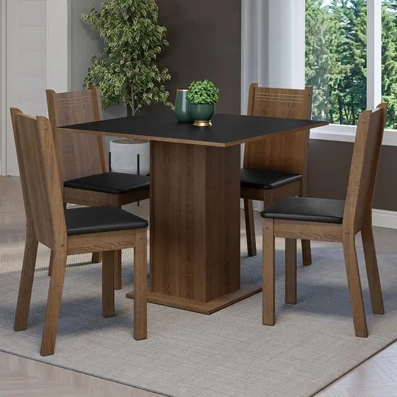 Conjunto Sala de Jantar Mesa Tampo de Madeira 4 Cadeiras Rustic/Preto Samara Madesa