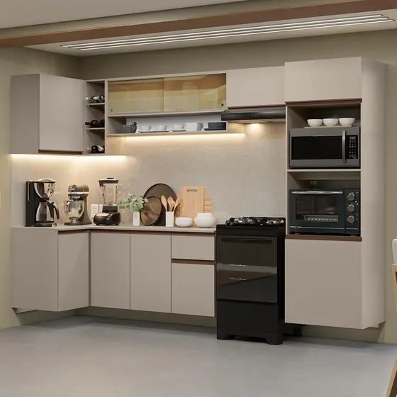 Armário de Cozinha Completa de Canto Suspenso 385cm Crema Nice Madesa 02
