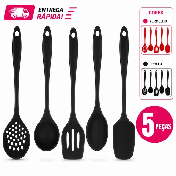 Utensilios de Silicone para Cozinha Colher Arroz Espatula Vazada Pão duro Curva Reta Concha Feijão 5 ou 3 Peça