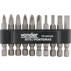 Jogo de Bits/Ponteiras com 10 peças, Encaixe Sextavado 1/4" - VONDER