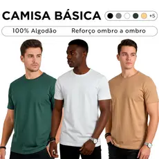 Kit 3 Camisetas Básicas Masculina 100% Algodão Reforço Ombro a Ombro - Camiseta Masculina Casual