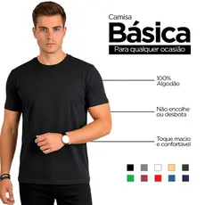 Camiseta Preta Básica Masculina Lisa 100% Algodão Reforço Ombro a Ombro - Camiseta Masculina Unitário