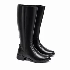 Bota Feminina Cano Longo Preta Montaria Confortável Casual Elegante Zíper Lateral Solado Baixo Dia a Dia Inverno Moda