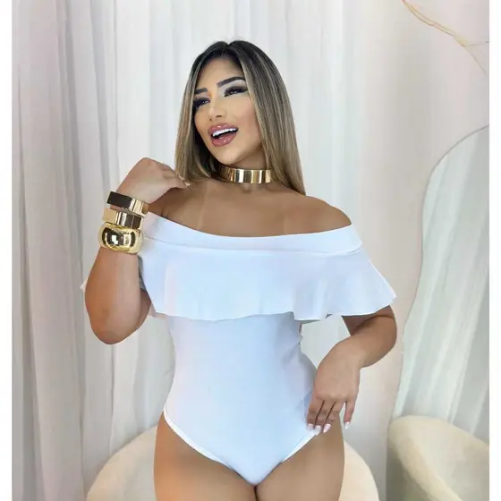 Body Feminino Malha Ribana Branco Ciganinha Ombro a Ombro
