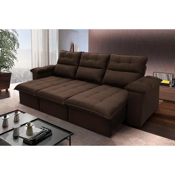 Sofá Retrátil/Reclinável Verona 2,30m Suede Velut Marrom c/ Molas no Assento - King House