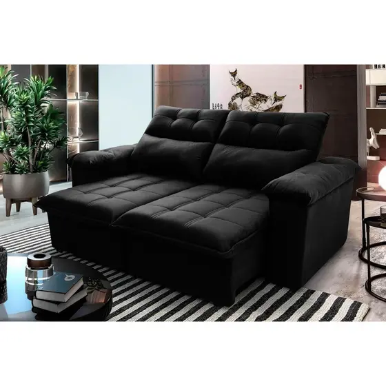 Sofá Retrátil/Reclinável Verona 2,00m Suede Velut Preto c/ Molas no Assento - King House