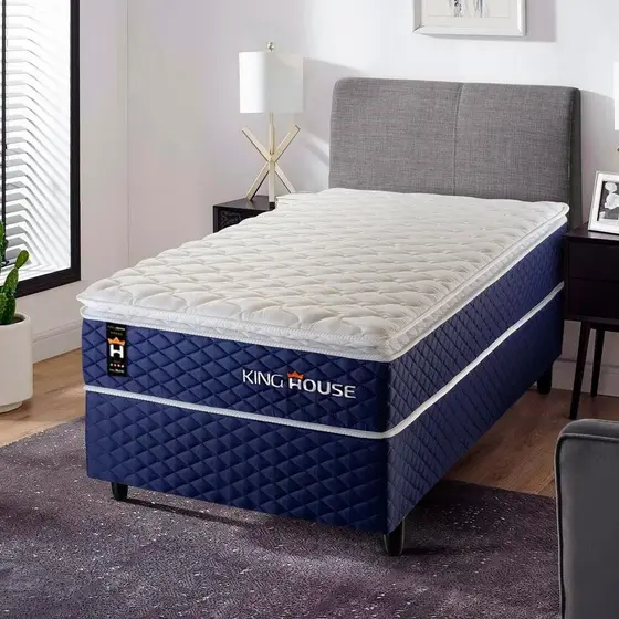 Conjunto Cama Box Solteiro Lagras 96x203x66 Azul c/ Molas Ensacadas