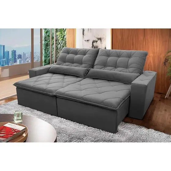 Sofá Retrátil Reclinável Islândia 3,00m Suede Velut Cinza Molas no Assento - King House