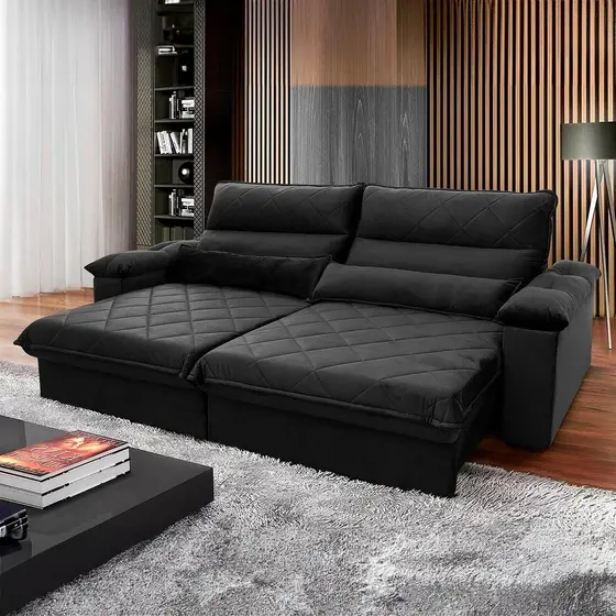 Sofá Retrátil Reclinável Grécia 2,10m Suede Velut Preto  Molas no Assento - King House