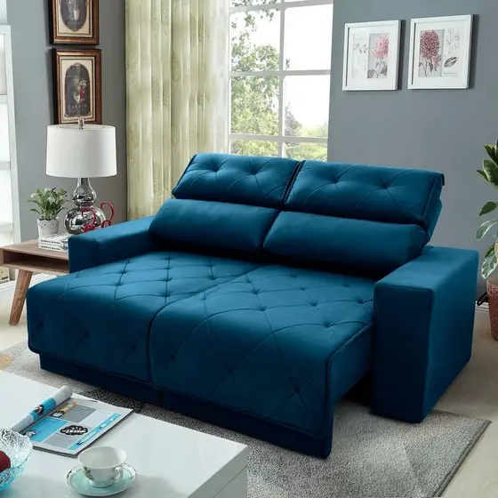 Sofá Retrátil Reclinável Belga 1,80m Suede Velut Azul  Molas no Assento