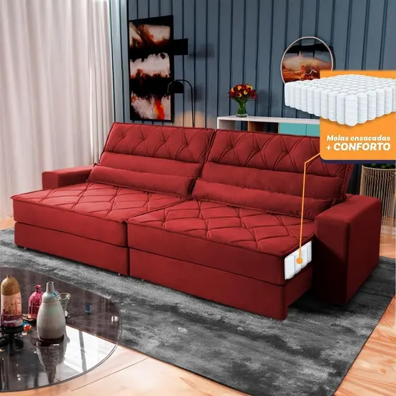 Sofá Retrátil Reclinável 3,00m Albany Suede Velut Vermelho Molas Ensacadas - King House