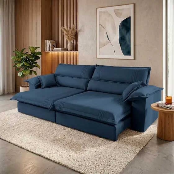 Sofá Retrátil Reclinável 2,50m Nivus Azul c/ Molas Ensacadas - King House