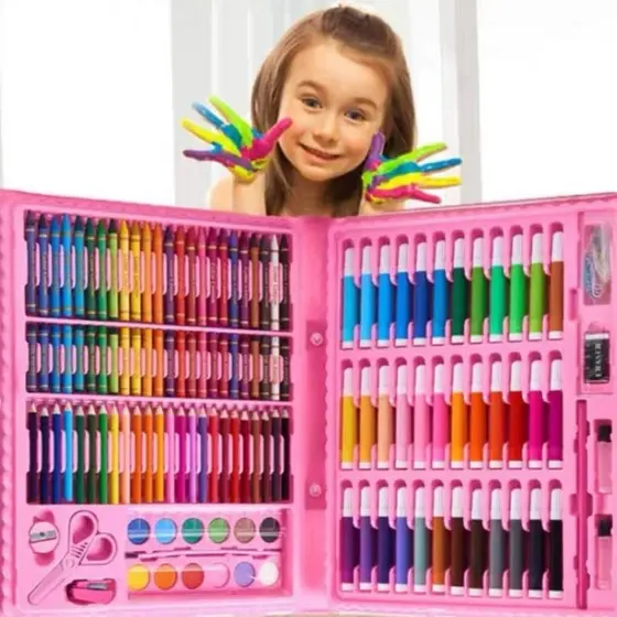 Estojo Maleta Pintura Infantil 68/86/150/168 Peças Paleta Canetinha Giz Lápis Cores Variadas Desenhos Caneta Marcadora